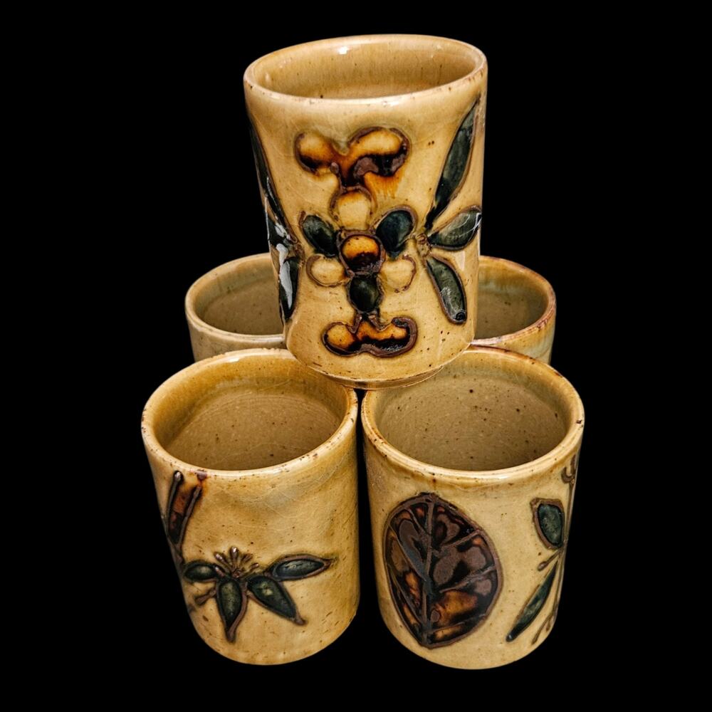 Set of 5 OMC Japan Studio Pottery Tumblers Floral Bamboo Leaf Cups